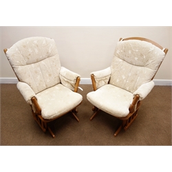  Pair Dutailier ash framed rocking chairs, upholstered back seat and arms, W70cm  