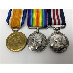 WW1 Military Medal group of three comprising MM, British War Medal and Victory Medal awarded to 44772 Pte. T. Clamp 5/York: & Lanc: R.; all with ribbons on hanging bar