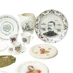 WWI items including Goss plate decorated with WWI allied flags, Grimwades Victory 1918 plate from the Peter Higginc collection, Till & Sons Kitchener plate, Lloyd George plate  inscribed 'Made by the Girls of Staffordshire during the Winter of 1917...'various other plates, beakers and character jugs and a WWII Copeland Spode U.S.A. design Winston Churchill jug
