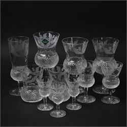 Ten Edinburgh Crystal Thistle pattern glass, comprising one red wine glass, two white wine...