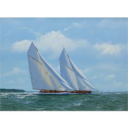 George Drury (British 1950-): J Class Yachts 'Britannia' and 'Valkyrie III' 1895, oil on canvas board signed, titled verso 42cm x 57cm