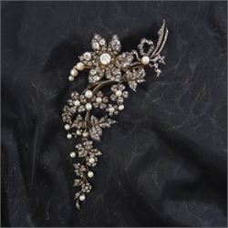 19th century gold and silver diamond and pearl en tremblant detachable brooch, the flower tremblant with a principal old cut diamond of approx 1.90 carat, the petals and stamen set with old cut and rose cut diamonds, total diamond weight approx 9.10 carat, to a foliate spray set set with further rose cut diamond and white / pink / cream pearls and ribbon tie
