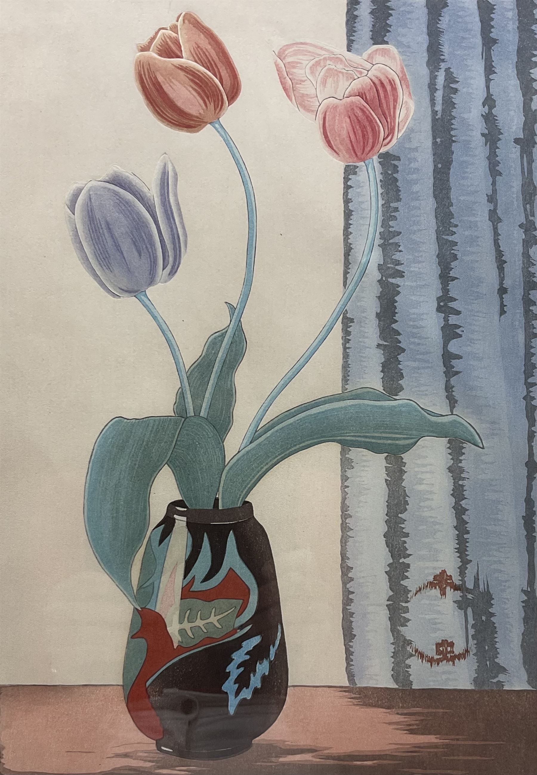 Yoshijiro (Mokuchu) Urushibara (Japanese 1888-1953): 'Tulips', original proof woodblock print signed and numbered No14 in pencil, original title label verso 40cm x 27.5cm