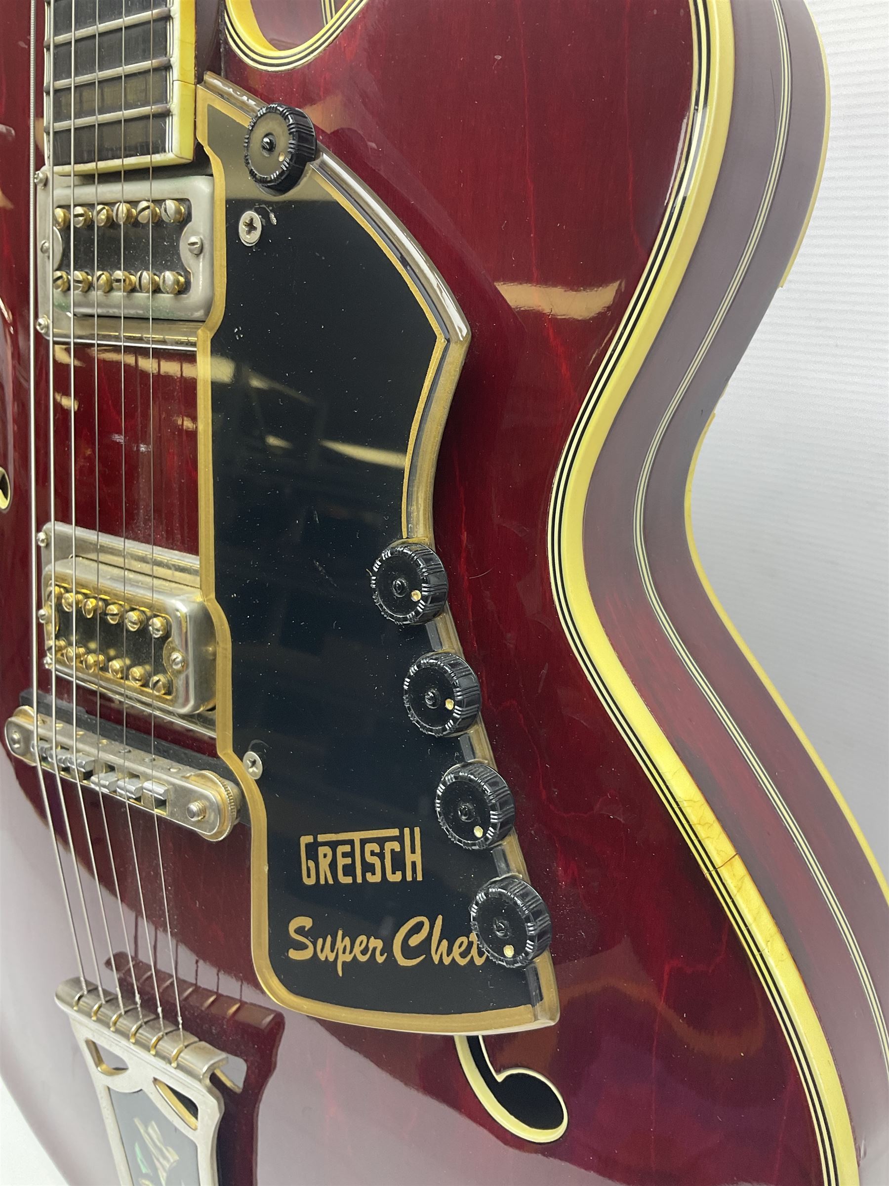 American Gretsch Super Chet semi-acoustic guitar, 1960s/70s, with 'pots' on scratch plate, serial no.5 2071, L111cm overall;  in original hard carrying case  