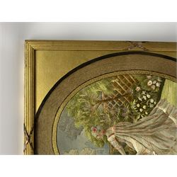 George III silkwork picture, of oval form depicting a female figure in garden setting, within a silkwork border detailed with verse from Robert Burns Bonnie Peg, 'Her air sae sweet, and shape complete, The Queen of Love did never move, Wi' Motion mair enchanting!', and monograms 'FV' and 'SM', in reeded gilt frame and gilt mount, indistinctly inscribed in pencil verso, overall H36cm L30.5cm