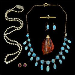 Early 20th century and later 9ct gold jewellery including pair of ruby stud earring, amber pendant, single strand pearl necklace, with diamond clasp, pair, pearl brooch and a pair of turquoise earrings and a git turquoise fridge necklace