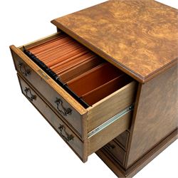 Georgian design figured walnut filing cabinet in the form of a chest of drawers, rectangular top with moulded edge, fitted with two drawers disguised as four with cock-beaded facias, on skirted base