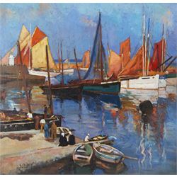Henri Eugene Callot (French 1875-1956): Boats in a Harbour, oil on panel signed 41cm x 42cm