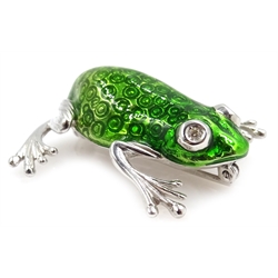  White gold and green enamel frog brooch with diamond eyes, hallmarked 18ct  