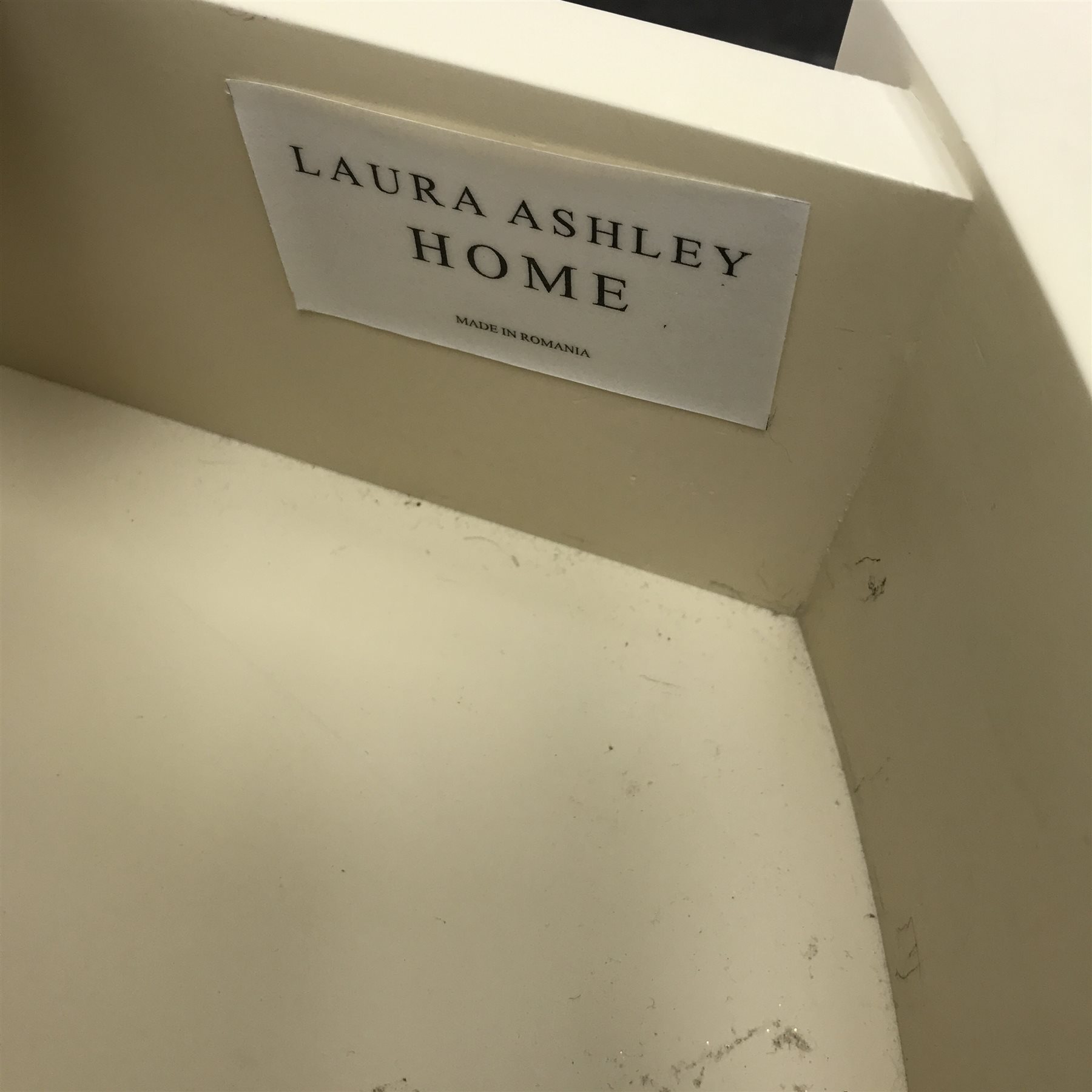 Laura Ashley demi-lune console side table, two drawers, turned tapering supports joined by single undertier, W86cm, H80cm, D40cm