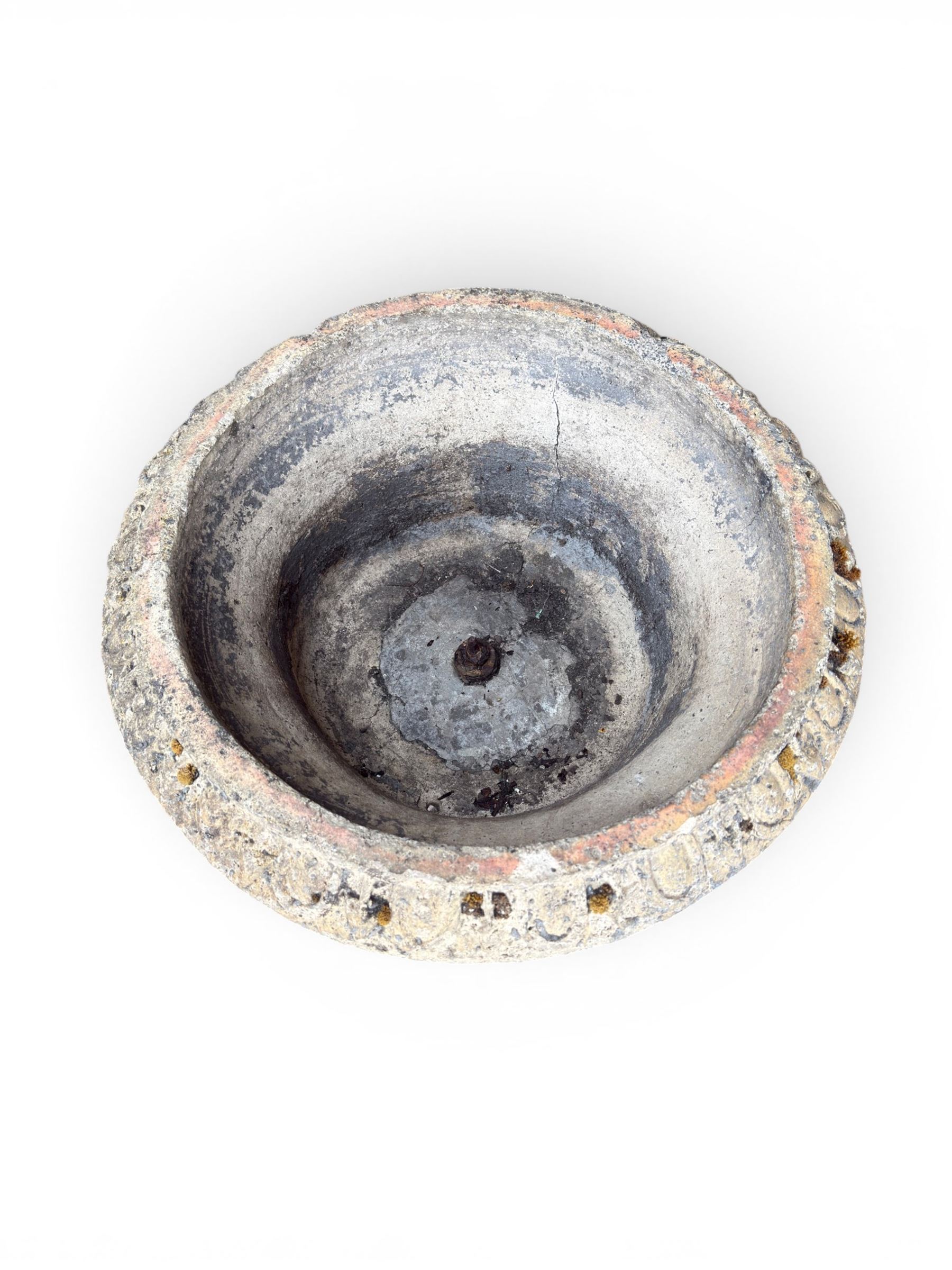 19th century terracotta campana shape urn planter, egg-and-dart moulded rim over a cherub-mask and gadrooned underbelly, turned pedestal and socle on square base