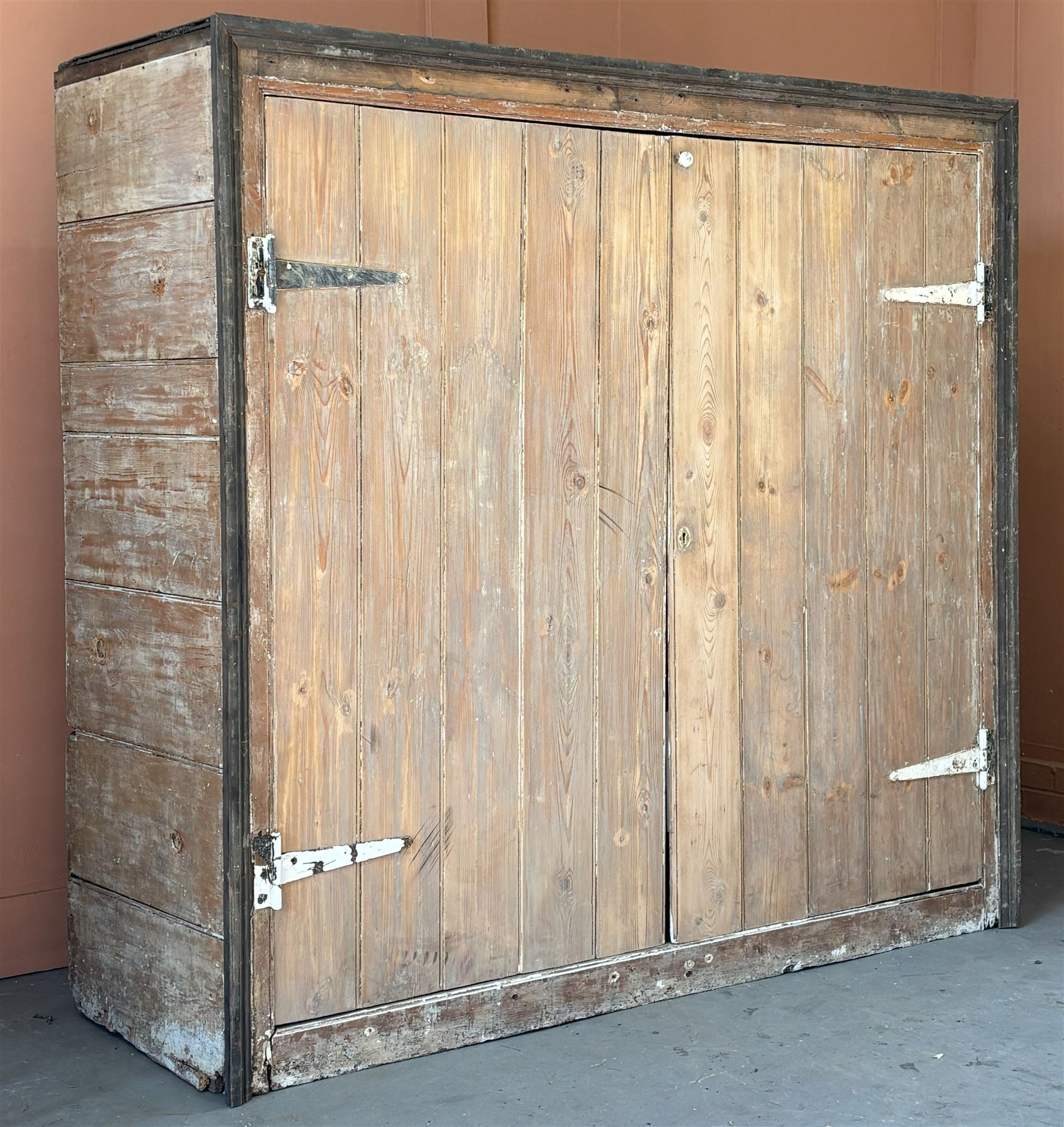 19th century pine country house kitchen cupboard, the two doors opening on strap hinges and enclosing two shelves. H174cm, W184cm, D61cm - COLLECTION BY APPOINTMENT FROM: The White House, Thirsk Road, Easingwold, York, YO61 3NF - CALL 01723 507111 TO ARRANGE