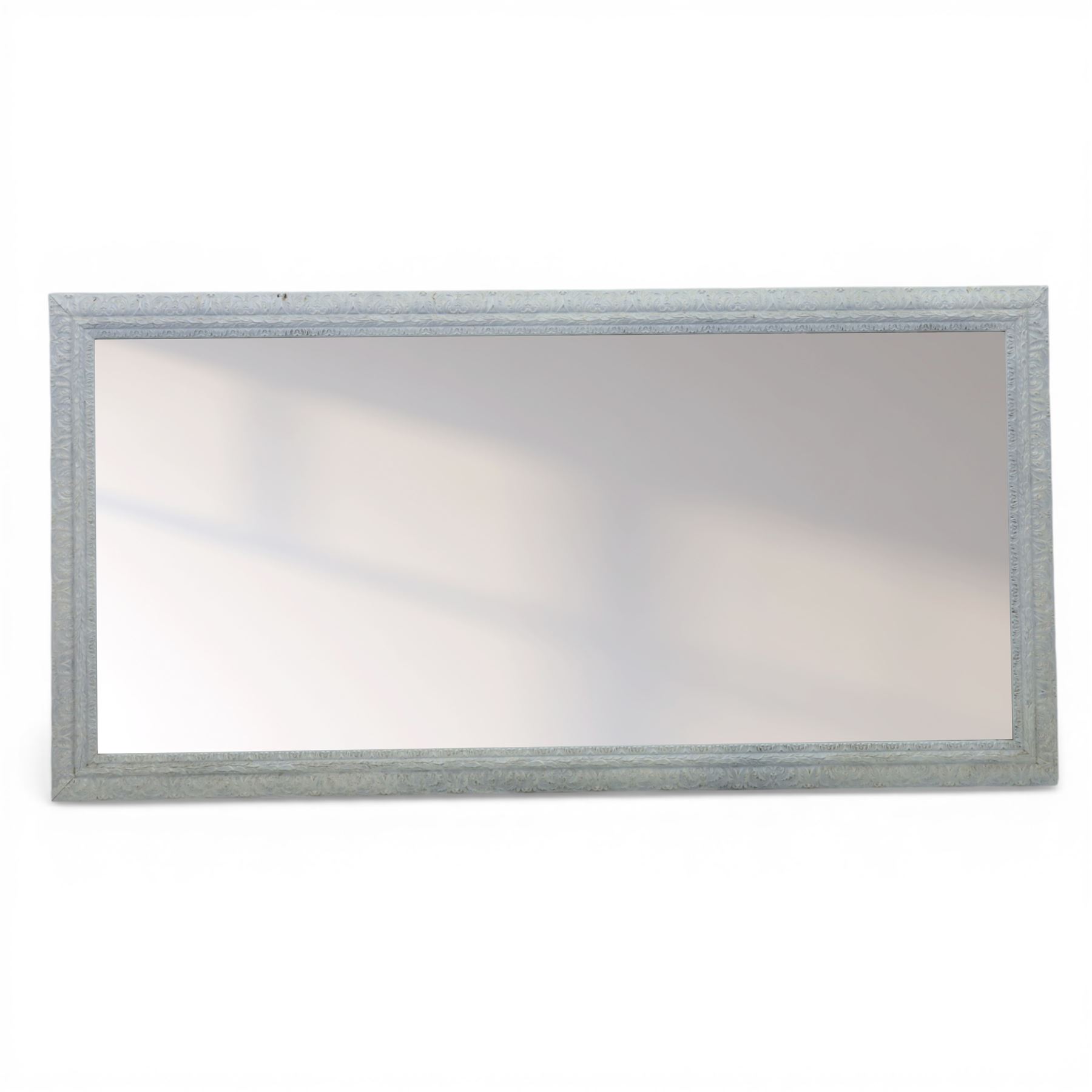 Large rectangular wall mirror with painted frame, foliate designed frame with a rustic white painted finish