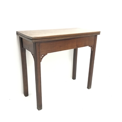 19th century fruitwood tea table, folding top, square reeded supports, W82cm, H74cm, D38cm