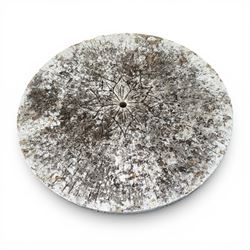 Weathered cast stone garden table, circular top etched with central floral medallion, the edge with repeating chevron motifs, raised on a quadriform S-scroll pedestal with stepped and chevron carved base