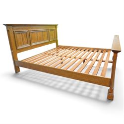 Contemporary oak superking sized bed and unused mattress, panelled headboard and footboard, with slats and superking William Night 'Rock Firm' mattress  