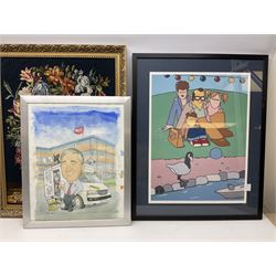 After Pete McKee (British 1966-): Picnic and Going to the Beach, pair colour prints 56cm x 42cm together with cartoon of dogs and five other prints and originals including caricature watercolour of 'Top Tec' (8)