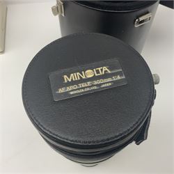 Minolta Dynax 7 camera body, serial number 93101009, Minolta 'AF APO Tele 300mm 1:4 (32)' lens serial no 32501041, in case and other camera equipment 