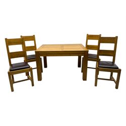 Contemporary oak dining table, rectangular panelled top with integral extension leaf, raised on square supports; set of four oak ladder-back chairs with padded brown seats