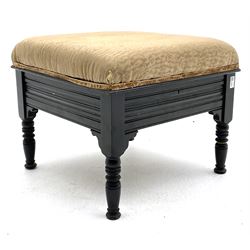 Late Victorian square ebonised wood ottoman stool, hinged upholstered seat revealing storage well, moulded frieze rails, raised on turned feet
