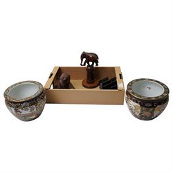 Two contemporary satsuma jardinieres, carved Rhinoceros and Elephant, and three stands