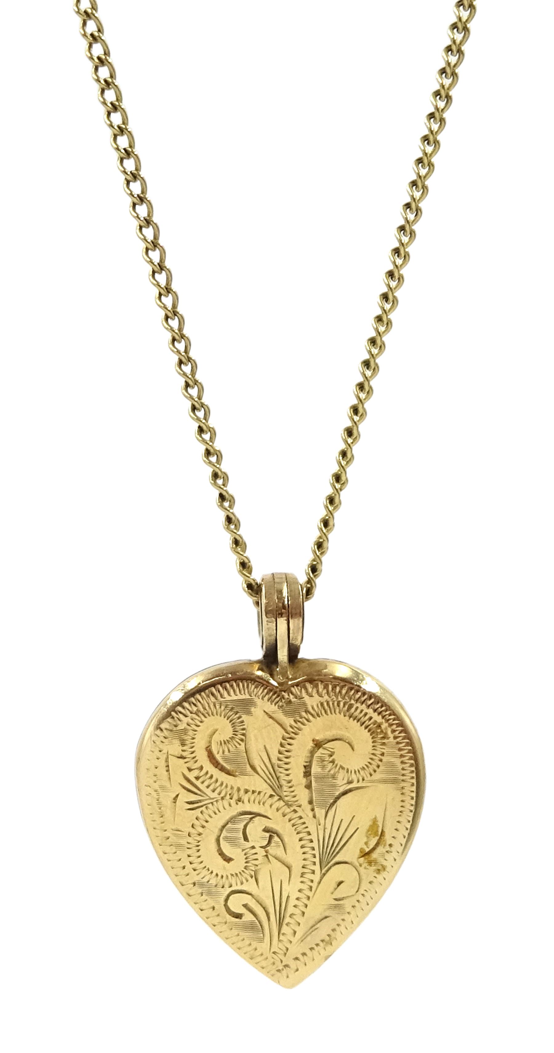 9ct gold heart locket pendant necklace with bright cut decoration, hallmarked Jewellery & Watches