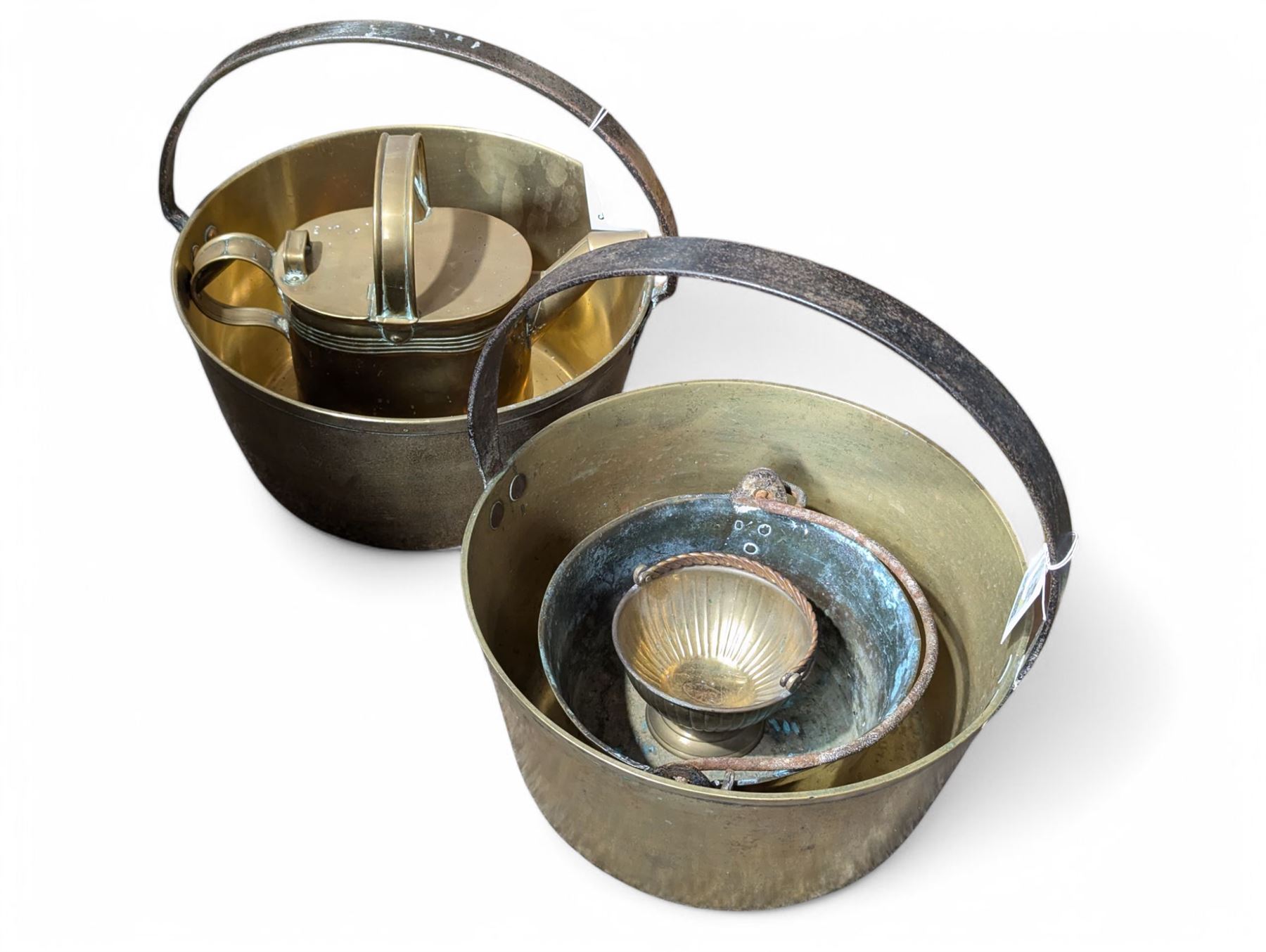 Collection of sliver plate and brass items including buckets and a kettle, butter churner and other kitchen wares etc