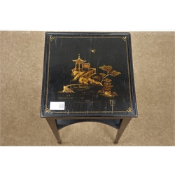  Early 20th century Chinoiserie black lacquered urn stand, square tapering supports with peg feet connected with undertier, 25cm x 25cm, H61cm  