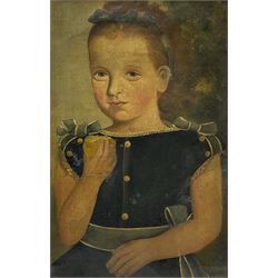 American Primitive School (19th century): Girl in a Blue Dress, oil on canvas laid loosely on board unsigned 46cm x 29cm