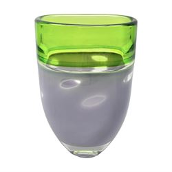 Stuart Akroyd glass vase, green banded top and opaque purple lower section with bubble inclusions, with sticker and engraved signature beneath, H25cm