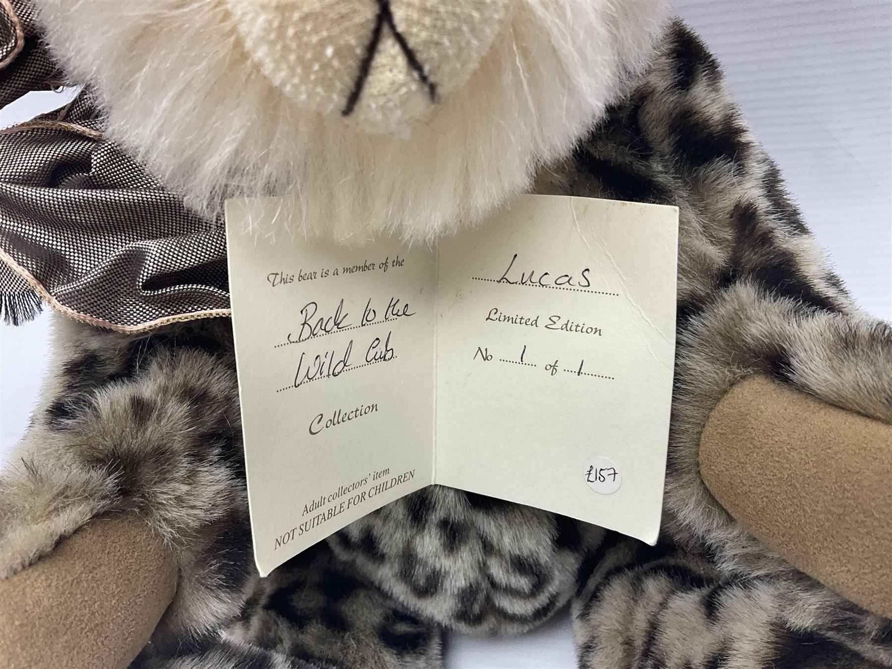 The Cotswold Bear Company - three limited edition teddy bears comprising ‘Lucas’ no. 1/1 H37cm and ‘Stonehenge’ no. 2/15 H39cm, both from the Back to the Wild Cub collection; and ‘Monsoon’ no. 3/10 H34cm from the Safari collection; all with original labels and purchase receipts (3) 