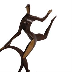 John Huggins FRBS (British 1938): 'Girl with Hoop', bronze sculpture upon black lacquered wooden base, H34cm
