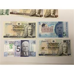 Irish and Scottish banknotes to include Bank of Ireland 5 January 1939 ‘B15’ one pound, two Bank of Scotland 1964 ‘AD07’ and ‘AF05’ one pound notes, one 1966 ‘CQ77’ one pound, and further notes from Clydesdale Bank, National Commercial Bank of Scotland Ltd. etc, housed in plastic sleeves