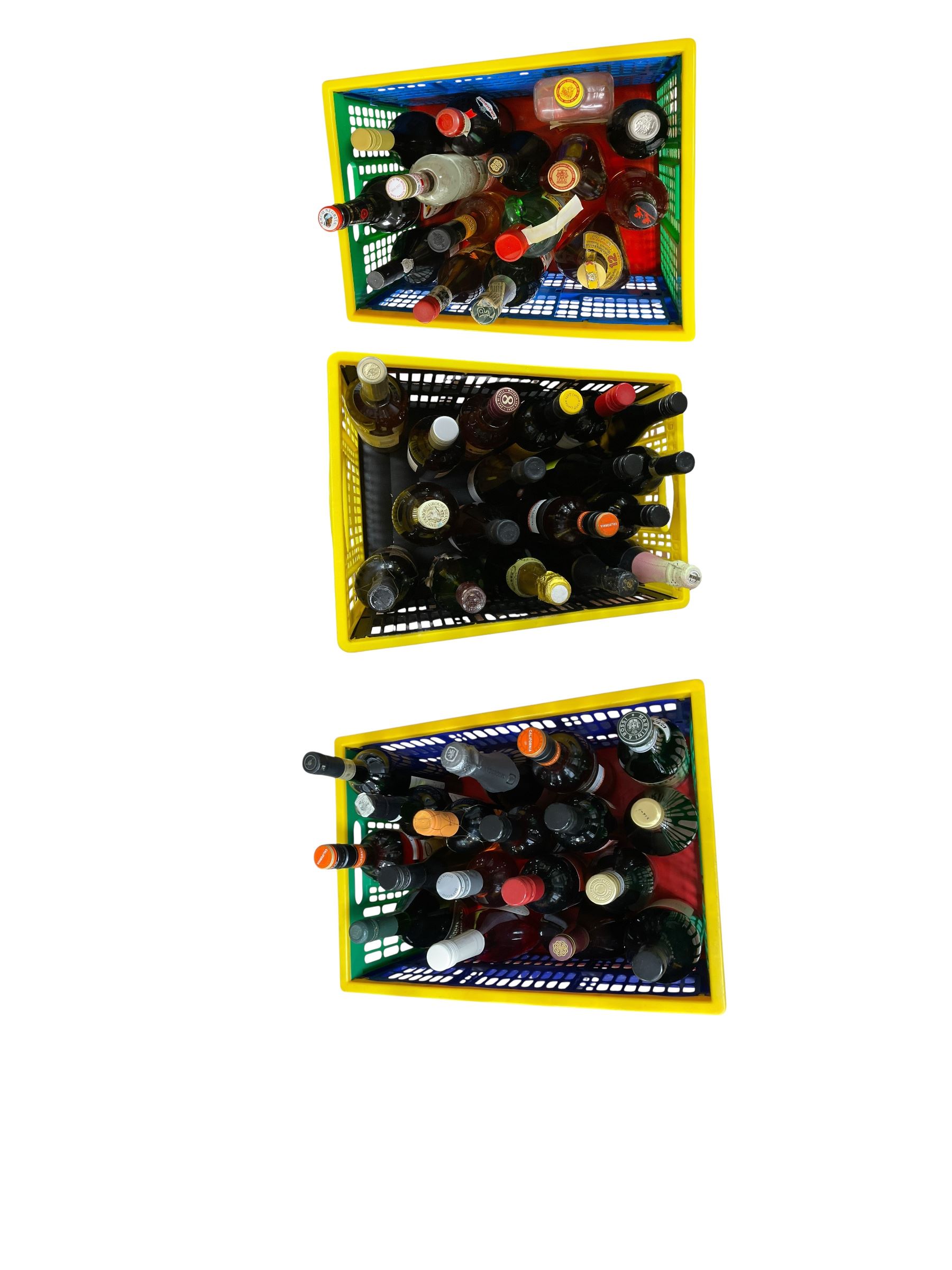 Collection of wines and spirits, including Dimple 12 year old whisky, Famous Grouse whisky, Baileys, Mcguigan sparkling Chardonnay etc, various contents and proof in three boxes  