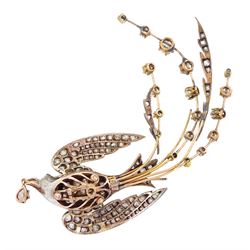 Victorian diamond swallow aigrette brooch, the gold backed silver swallow in flight set with old cut and rose cut diamonds, with cabochon ruby eyes, holding a pear cut diamond of approx 0.25 carat, to an old cut diamond spray tail of approx 1.95 carat, total diamond weight approx 4.00 carat