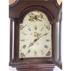 John Bancroft of Scarborough - oak cased thirty-hour longcase clock c1800, swans neck pediment with a recessed break arch door flanked by two pilasters with capitals, trunk with canted corners and long trunk door with a wavy top, rectangular plinth on bracket feet, painted dial with Roman numerals and five minute Arabic’s, matching steel hands and calendar aperture, floral spandrels and conforming artwork to the break arch, chain driven count wheel movement striking the hours on a cast bell. With pendulum and weight.