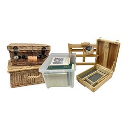 Chatsworth box easel, together with a Reeves table easel, collection of Wentworth jigsaw puzzles and two picnic baskets
