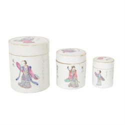 Set of three Chinese famille rose 'Wu Shang Pu' graduating cylindrical jars, circa 1900, e...