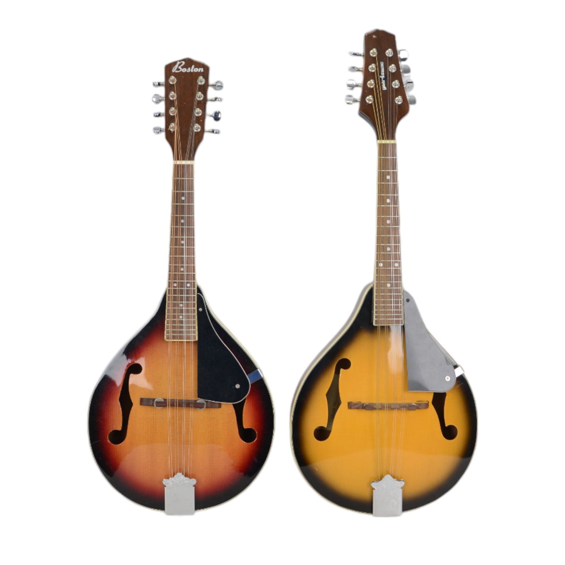 Boston 'A' style teardrop mandolin, together with a similar Gear 4 Music example and two Ultralite by Tanglewood stands