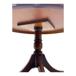 Ian Smith Furniture - Georgian design walnut centre table, the circular banded top with fluted edge, supported by a turned pedestal base with four splayed supports, each terminating in brass castors with claw caps; set of four mahogany dining chairs each with pierced vase-shaped splats and upholstered seats