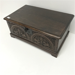 19th century oak bible box, hinged lid, carved front panel, shaped bracket supports, W69cm, H30cm, D41cm