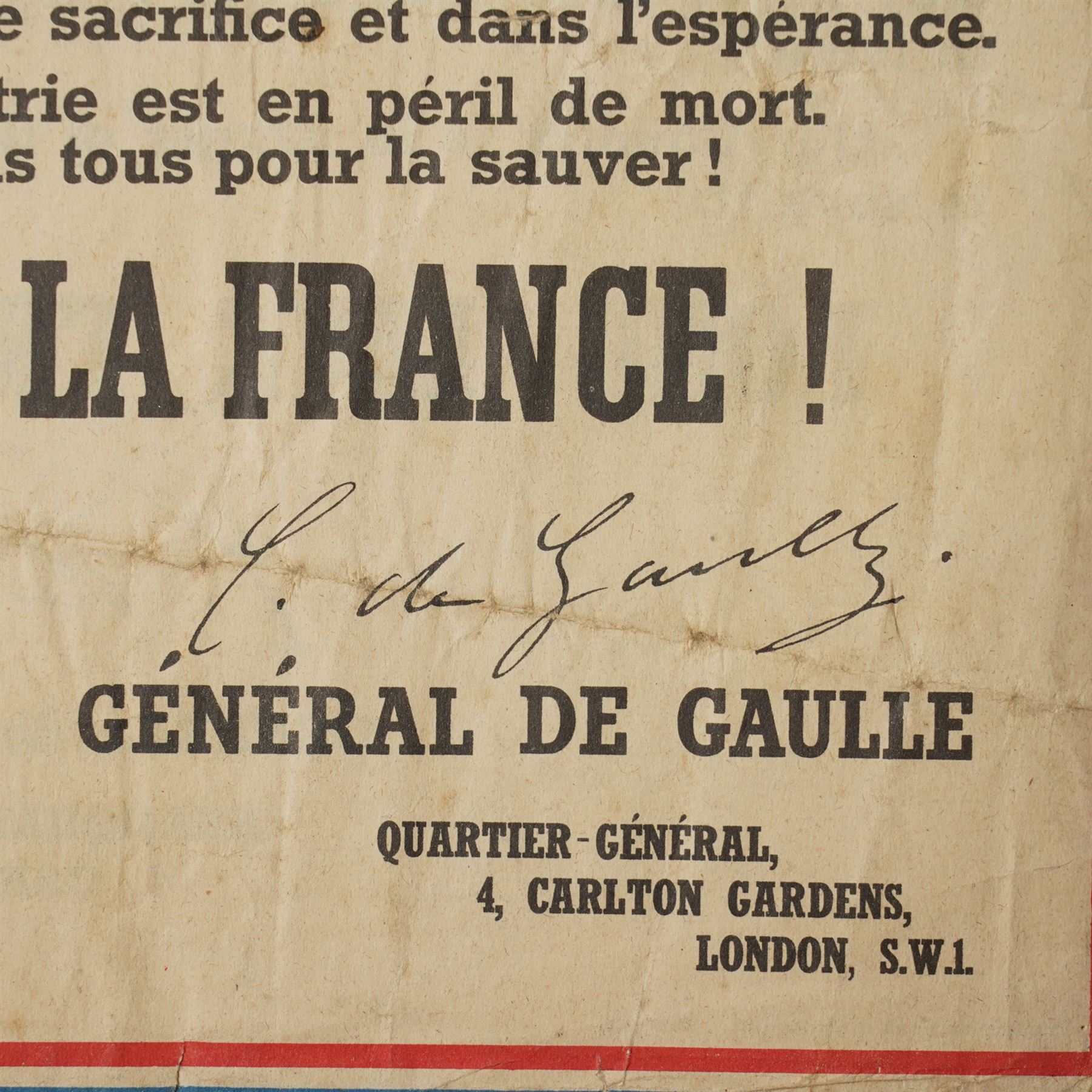 WWII French 1490 propaganda leaflet 'To all Frenchmen - France has lost the battle - But France has not lost the War' printed for General de Gaulle by J. Weiner of London
