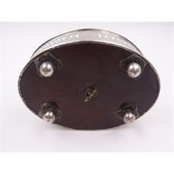 Late 18th century silver cruet stand, of oval form, with pierced sides upon four bun feet, hallmarked to handle Hester Bateman, all other hallmarks indistinct, together with five matched silver mounted cut glass cruet bottles, including some later Victorian examples, hallmarks predominantly indistinct, stand H20cm