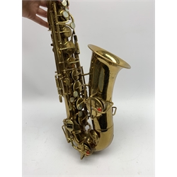 Elkhart 'The Buescher' True-Tone Low Pitch alto saxophone, serial no.147605, in Hiscox Liteflite carrying case with crook