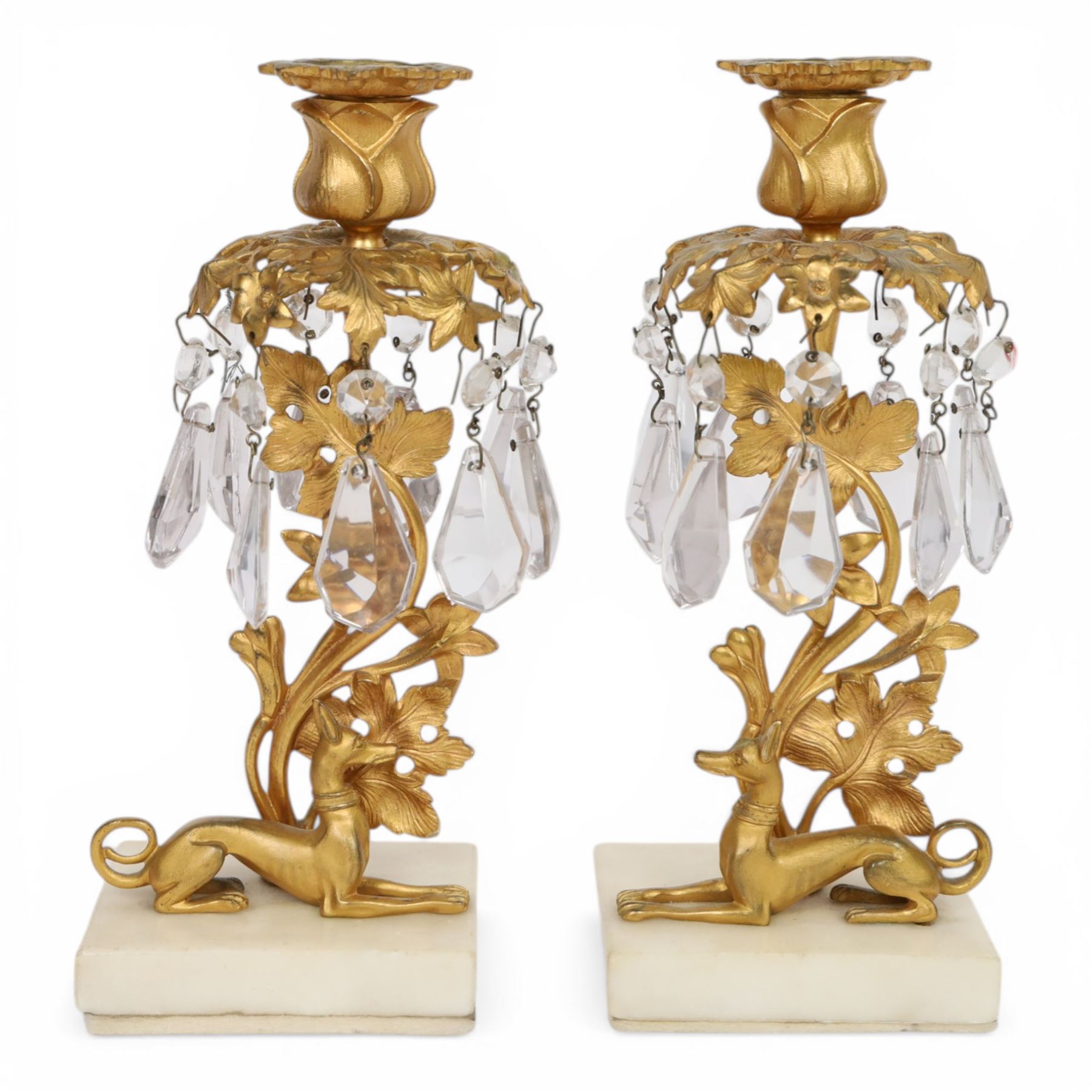 Pair 19th century gilt candle lustres, with recumbent grey hounds, below a leaf stem with flower bud sconce, H25cm