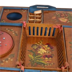 19th century satinwood sewing box, of rectangular form, the hinged cover with foliate decoration opening to reveal a removable compartmented tray with pin cushion, bobbins and removable central basket, painted with violas, upon compressed bun feet, H13cm L39cm D29cm