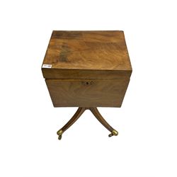 Regency mahogany cellarette on stand, rectangular top with hinged lid, raised on turned pedestal terminating in quadrupod base with brass cups and castors