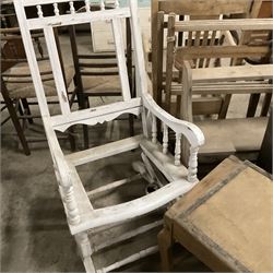 American style rocking armchair (W55cm); two clothes horses; piano stool with hinged lid; frameless wall mirror; pine shelf; pine rack; walnut shelf; walnut two door cabinet; early 20th century oak picture frame; and a Victorian pine frame (10) - THIS LOT IS TO BE COLLECTED BY APPOINTMENT FROM THE OLD BUFFER DEPOT, MELBOURNE PLACE, SOWERBY, THIRSK, YO7 1QY