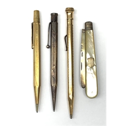Mother-of-pearl and silver fruit knife, Birmingham 1916, Yard-o-Led propelling pencil, another rolled gold example and Wahl Eversharp gold filled propelling pencil (4)