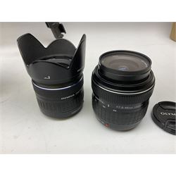 Three Olympus Camera bodies, comprising of OM-D E-M5, E-400 and E-450,   together with 'Samyang Mirror Lens 800mm 1:8.0DX', Olympus 'Zuiko Digital 40-150mm 1;3.5-4.5mm' lens, three other lenses and Velbon CX444 tripod 